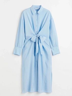 H&M Tie Front Shirt Midi Dress Light Blue XS